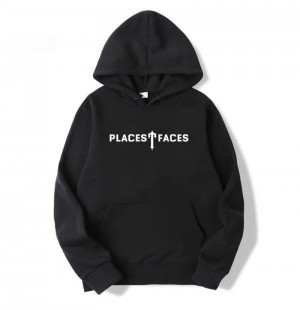 Black Trapstar Places Tee Faces Men's Hoodie India | PV46-323