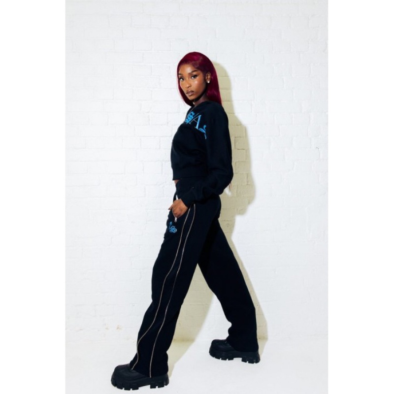 Black / Turquoise Trapstar Script Zip Leg Jogging Bottoms Women's Pants India | QG03-610