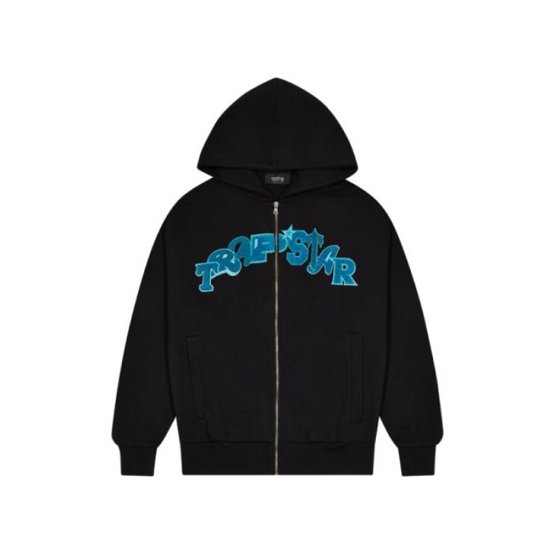 Black / Turquoise Trapstar Wildcard Chenille Hoodie Men\'s Tracksuit India | LA67-655